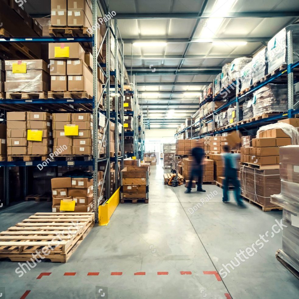 warehouse interior with shelves pallets and boxes